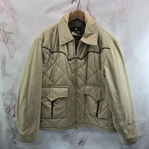 Vintage 70s Jacket Mens XL Tan Brown Quilted Zip Western Collar Golden Fleece